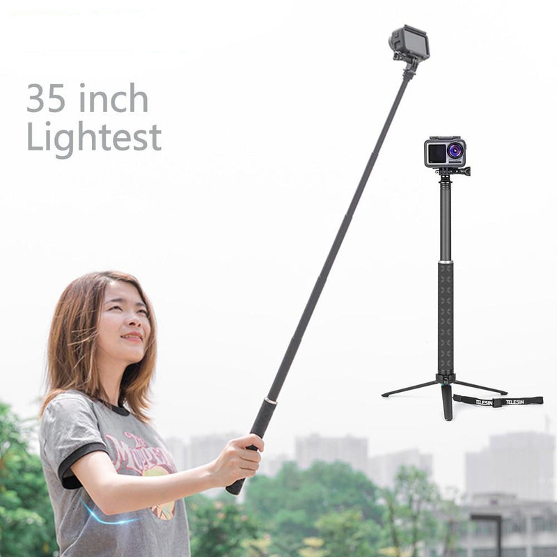 TELESIN 35inch Carbon Fiber Lightest Selfie Stick + Aluminium Alloy Tripod For GoPro Hero 5 6 7 8 9 For Osmo Action Accessories